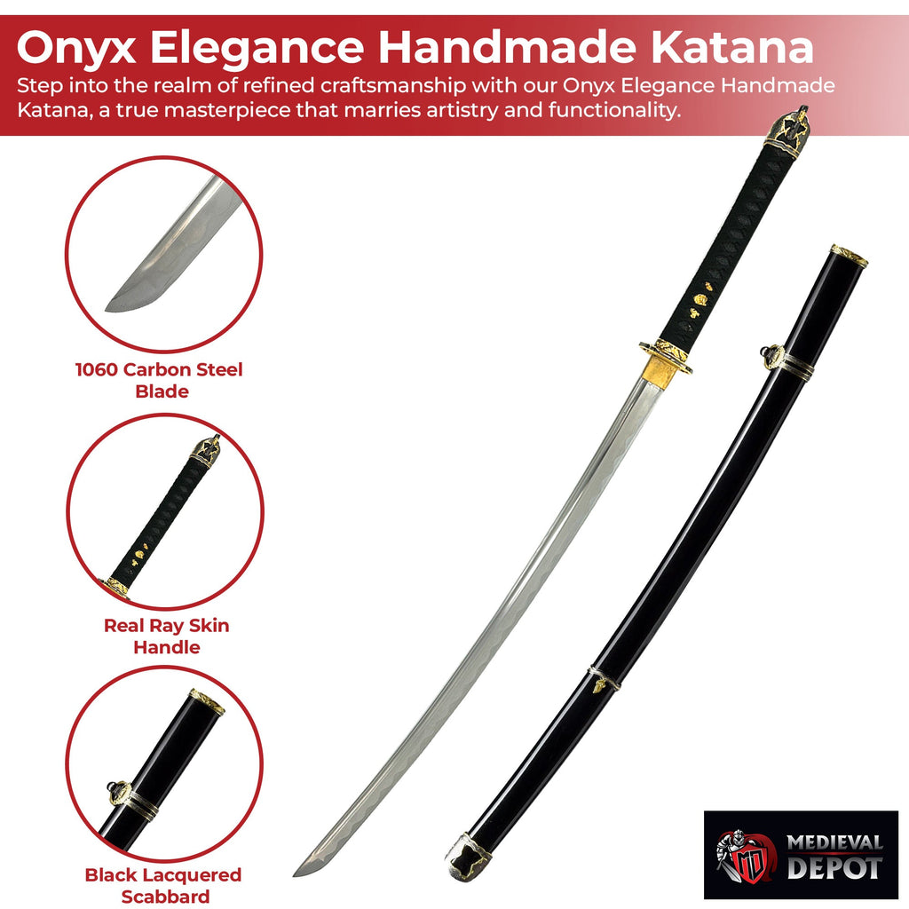 Onyx Elegance Handmade Katana A Symphony of Black and Gold Mastery